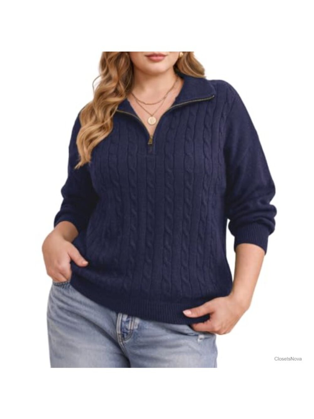 Plus Size Quarter Zip Cable Knit Pullover Sweater Soft Stretchy